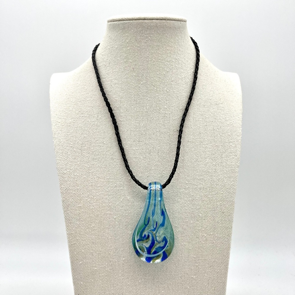 Handmade Art‎ Glass Pendant Necklace Teardrop Blue Green Adjustable Cord